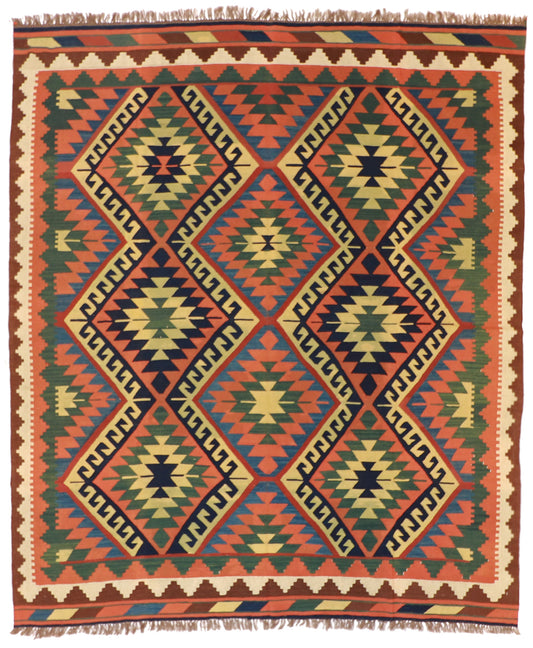 8x10 - Kilim Wool Geometric Rectangle - Hand Knotted Rug