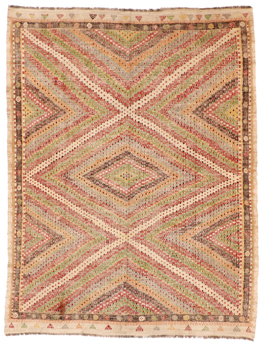 7x10 - Kilim Wool Geometric Rectangle - Hand Knotted Rug