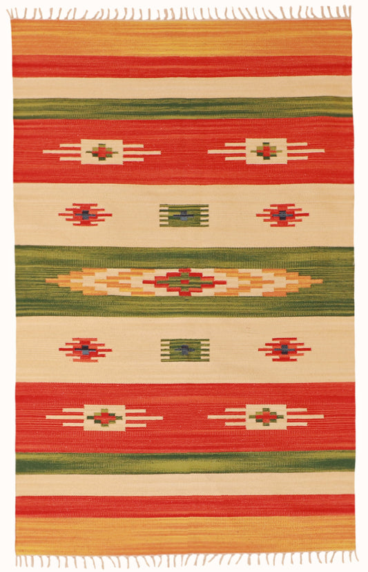 4x6 - Kilim Fine Wool Geometric Rectangle - Hand Knotted Rug