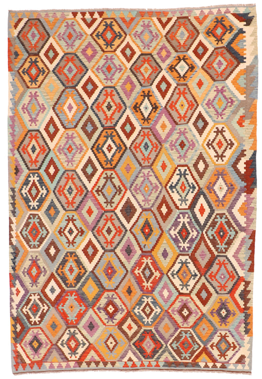 7x10 - Kilim Fine/Wool Geometric Rectangle - Hand Knotted Rug