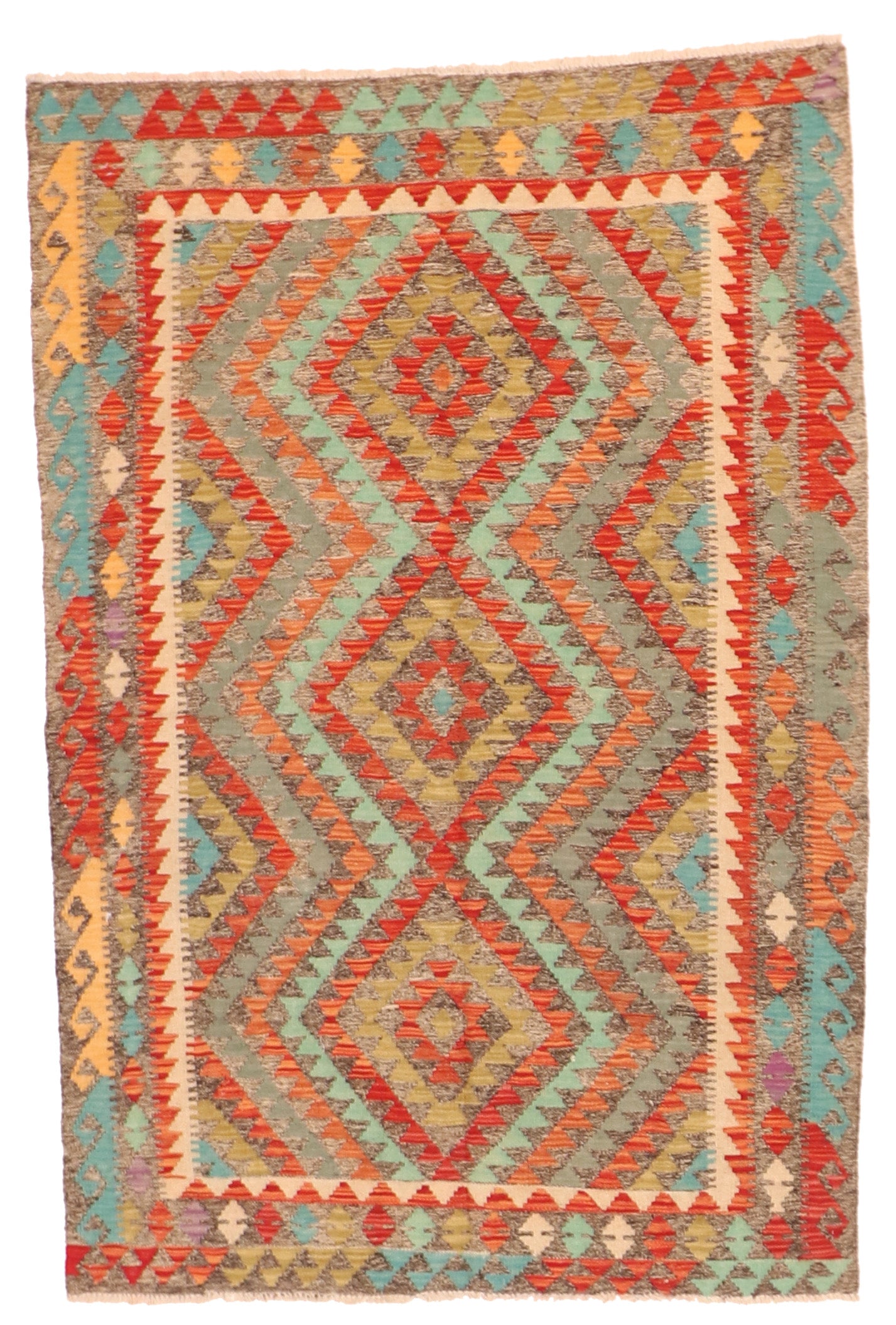 4x6 - Kilim Fine Wool Geometric Rectangle - Hand Knotted Rug