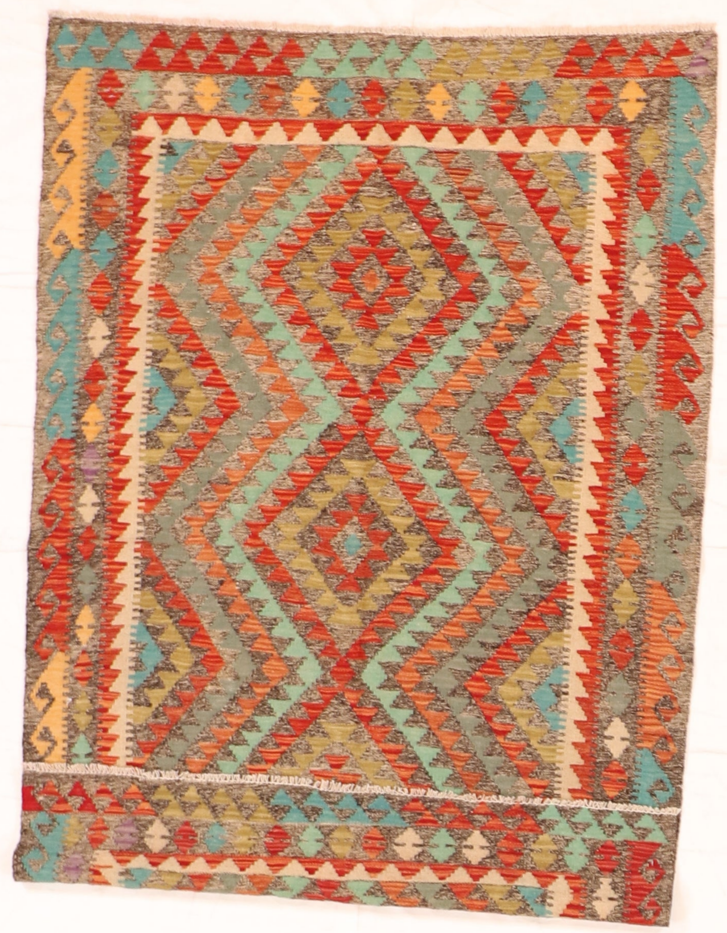 4x6 - Kilim Fine Wool Geometric Rectangle - Hand Knotted Rug