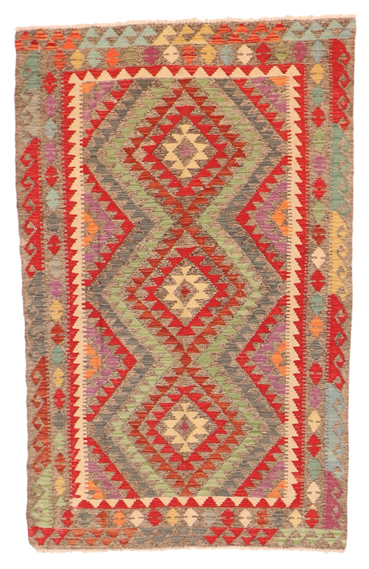 4x6 - Kilim Fine Wool Geometric Rectangle - Hand Knotted Rug