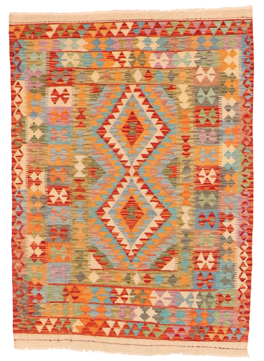 4x6 - Kilim Fine Wool Geometric Rectangle - Hand Knotted Rug