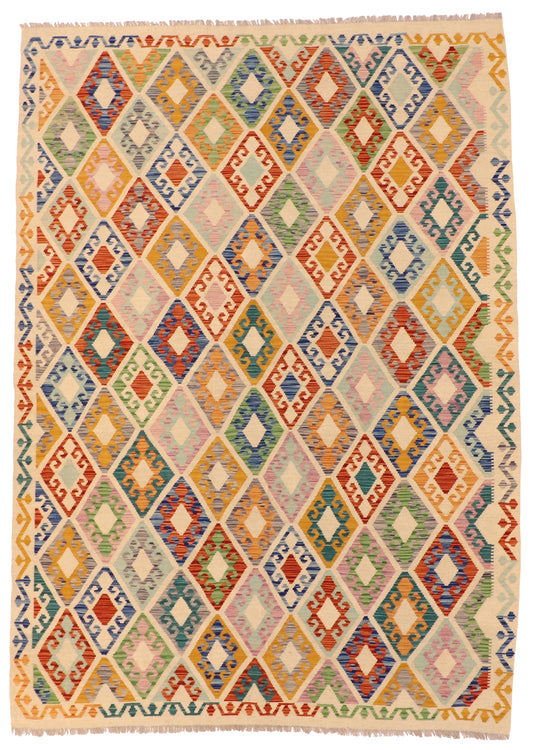 7x10 - Kilim Wool Geometric Rectangle - Hand Knotted Rug